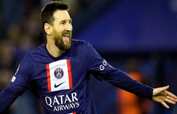 Lionel Messi at Paris Saint German PSG celebrating goal alone